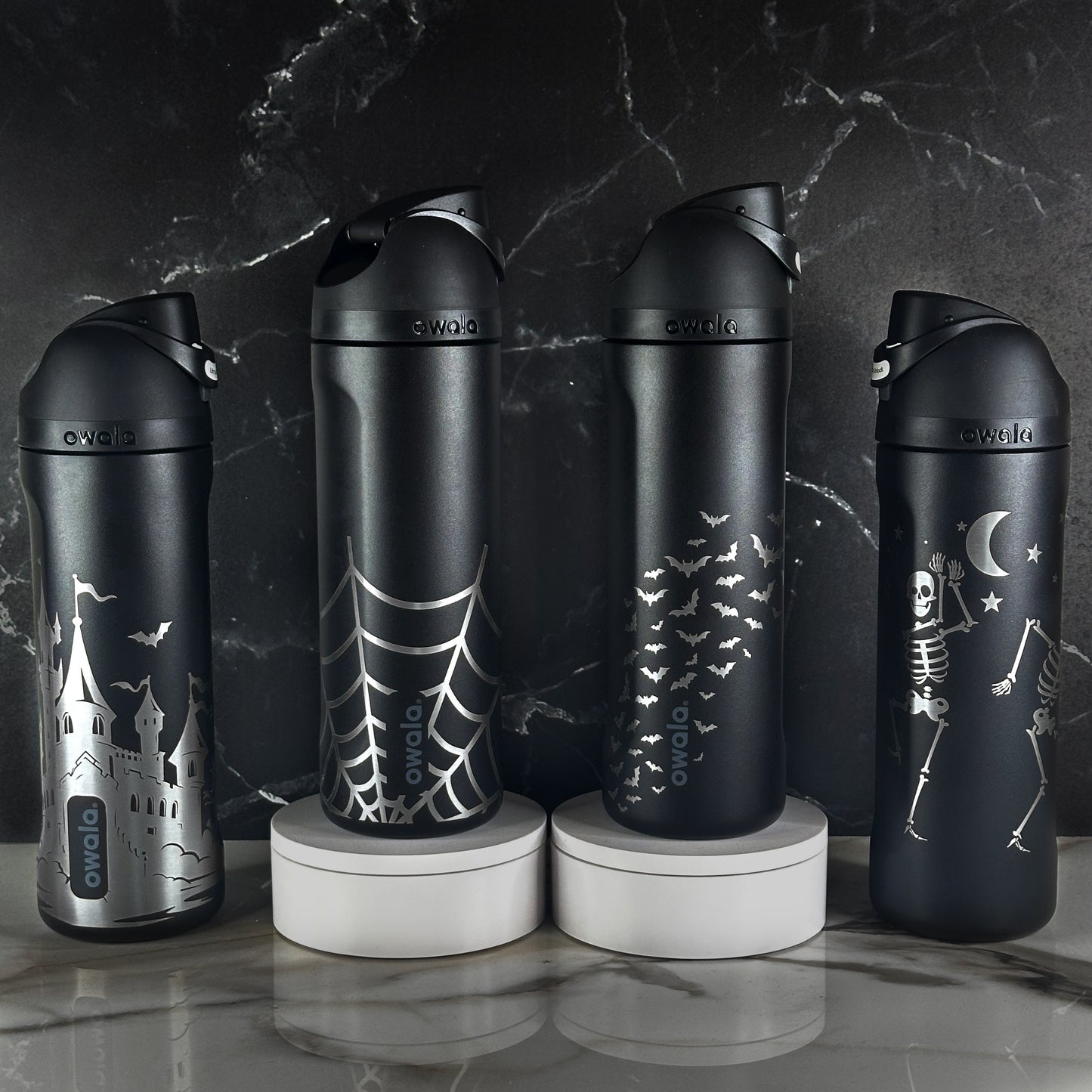 Halloween Black 24oz Owala Freesip Engraved Bottles | Spider Web, Bats, Skeletons, and More!