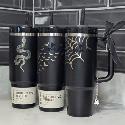 Halloween 30oz Black Stanley Quencher Engraved Tumblers | Spider Web, Bat, Snake Designs