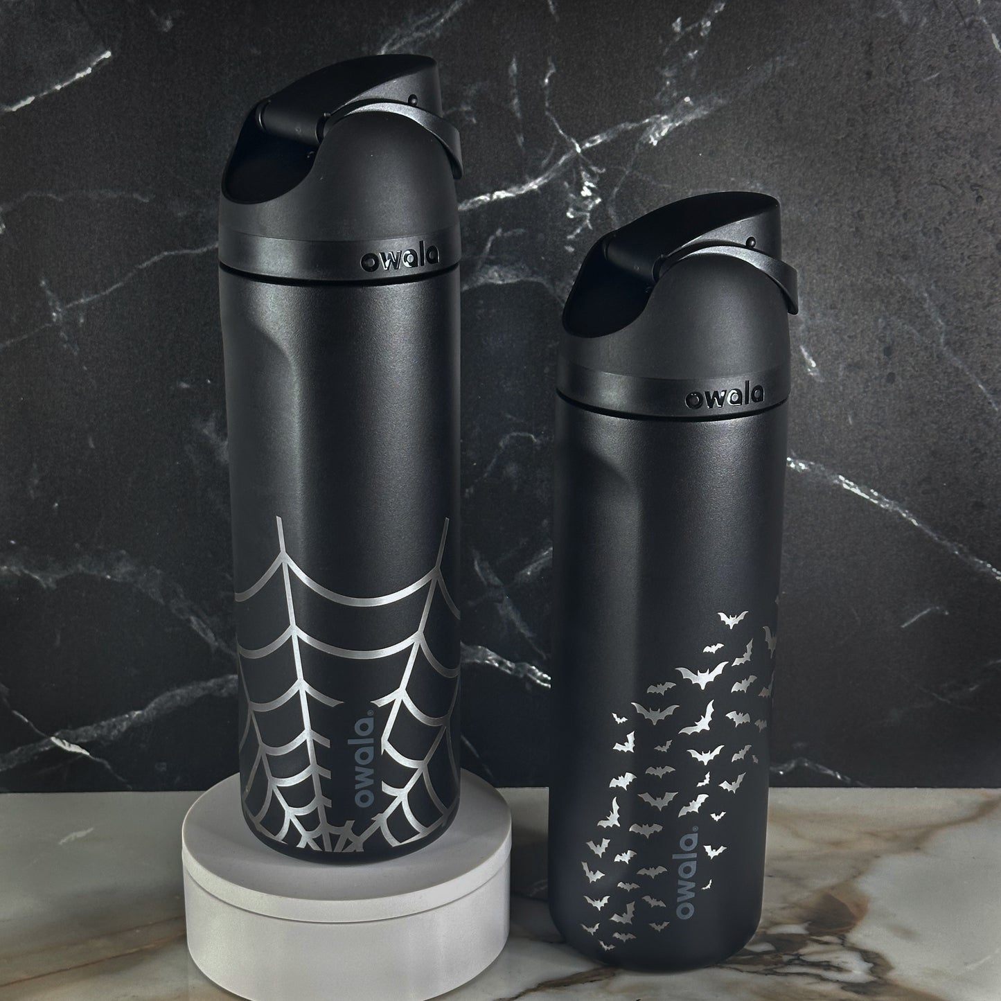 Halloween Black 24oz Owala Freesip Engraved Bottles | Spider Web, Bats, Skeletons, and More!