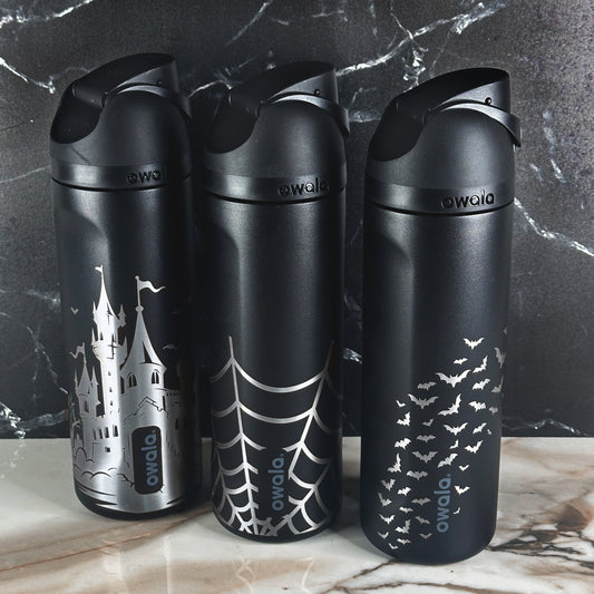 Halloween Black 24oz Owala Freesip Engraved Bottles | Spider Web, Bats, Skeletons, and More!